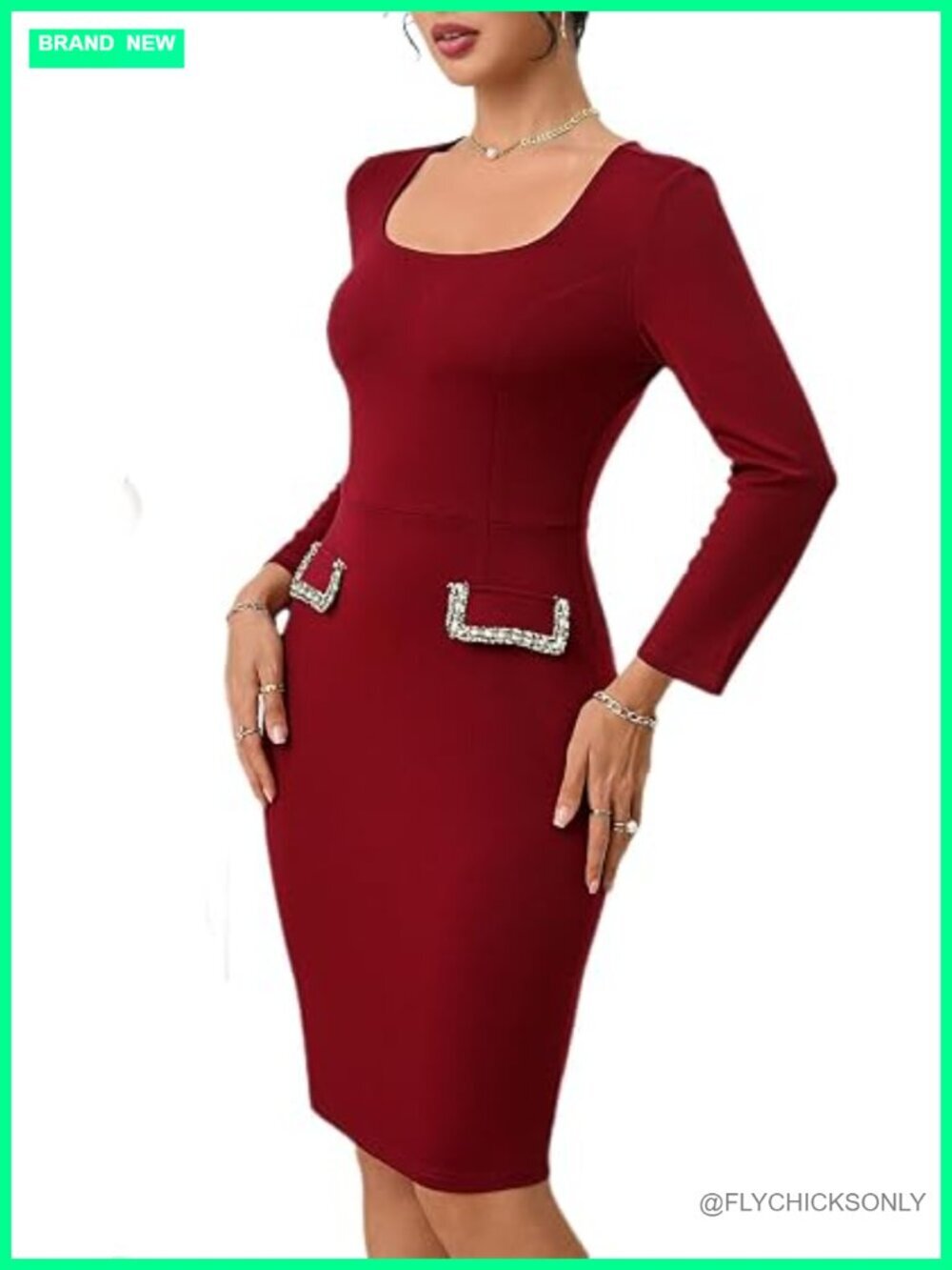 Long Sleeve Pencil Dress Square Neck Midi Bodycon with Pocket Trim